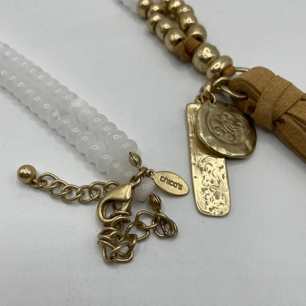 NWOT Chico's White And Gold-Tone Bead Faux Suede Tassel Wen Pendant Necklace
